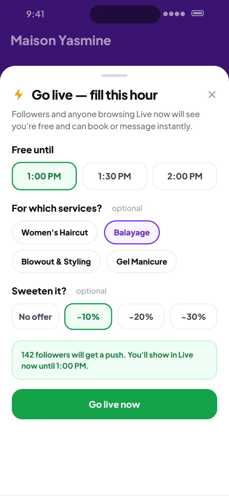 Go live screen